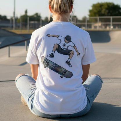 White sitting crisscross applesauce Germ Skateboarder Kickflip Graphic Tee by Paddle Frogs™