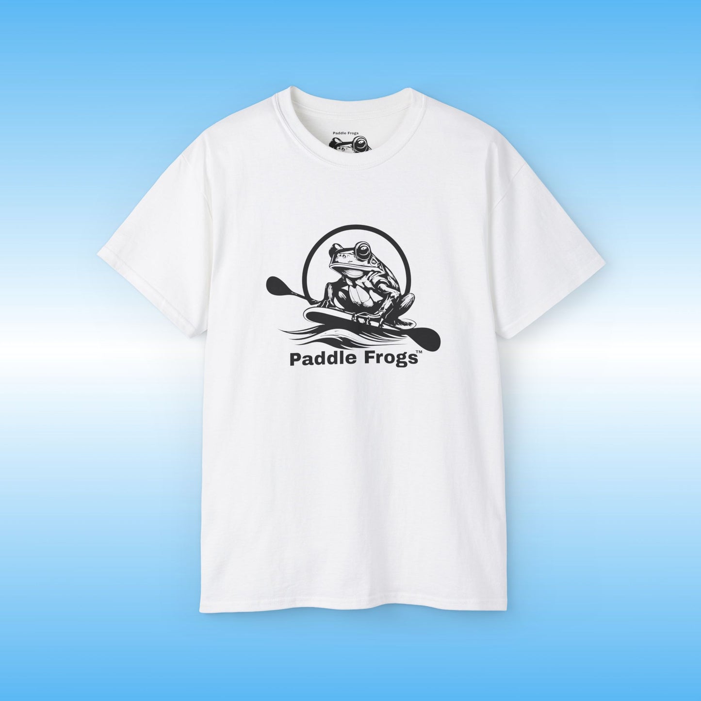 White t-shirt with 'Paddle Frogs' logo on a blue background