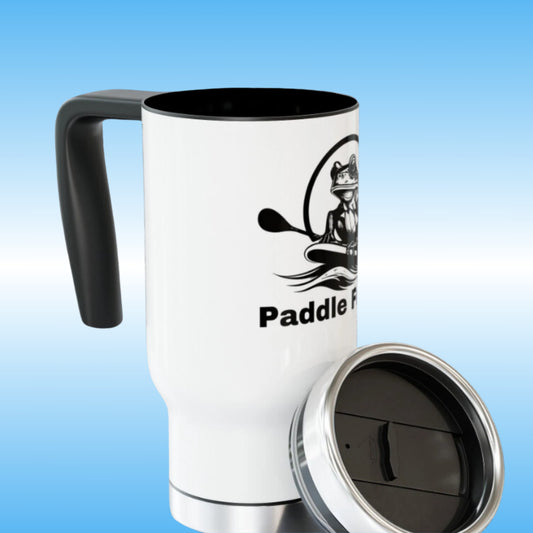 White travel mug features a classic black and white design with the iconic Paddle Frogs Outdoor Gear frog on a paddleboard. It's a timeless piece that perfectly captures the spirit of adventure