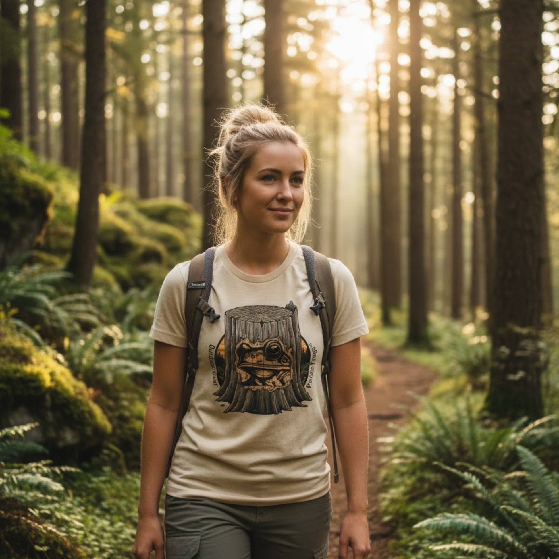 Whittle Pine Tree Stump Frog Face Logo | Paddle Frogs Outdoor Gear Sand Tan Hiking in forest to the spring fed creek