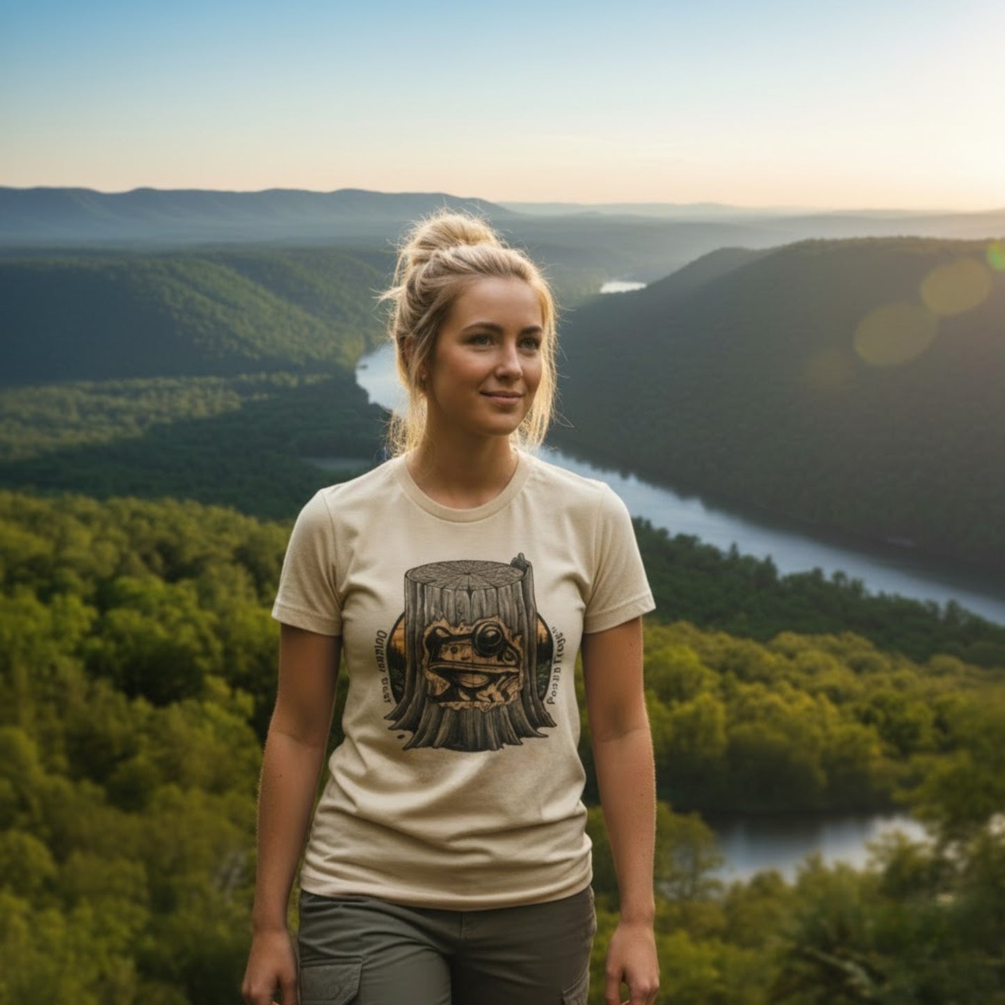 Woman standing on a hilltop with a scenic view of trees and a river. Whittle Pine Tree Stump Frog Face Logo | Paddle Frogs Outdoor Gear Sand Tan modeled at the scenic overlook