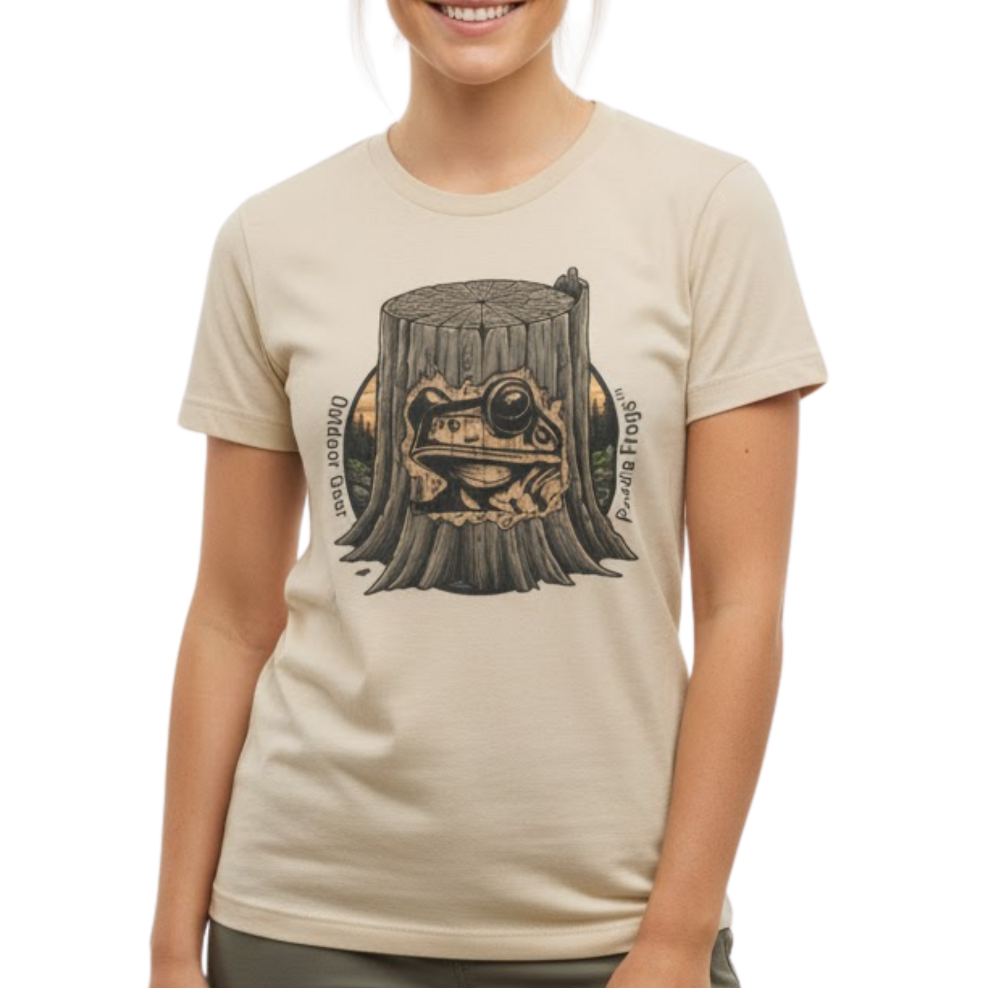 Whittle Pine Tree Stump Frog Face Logo | Paddle Frogs Outdoor Gear Sand Tan on a transparent background