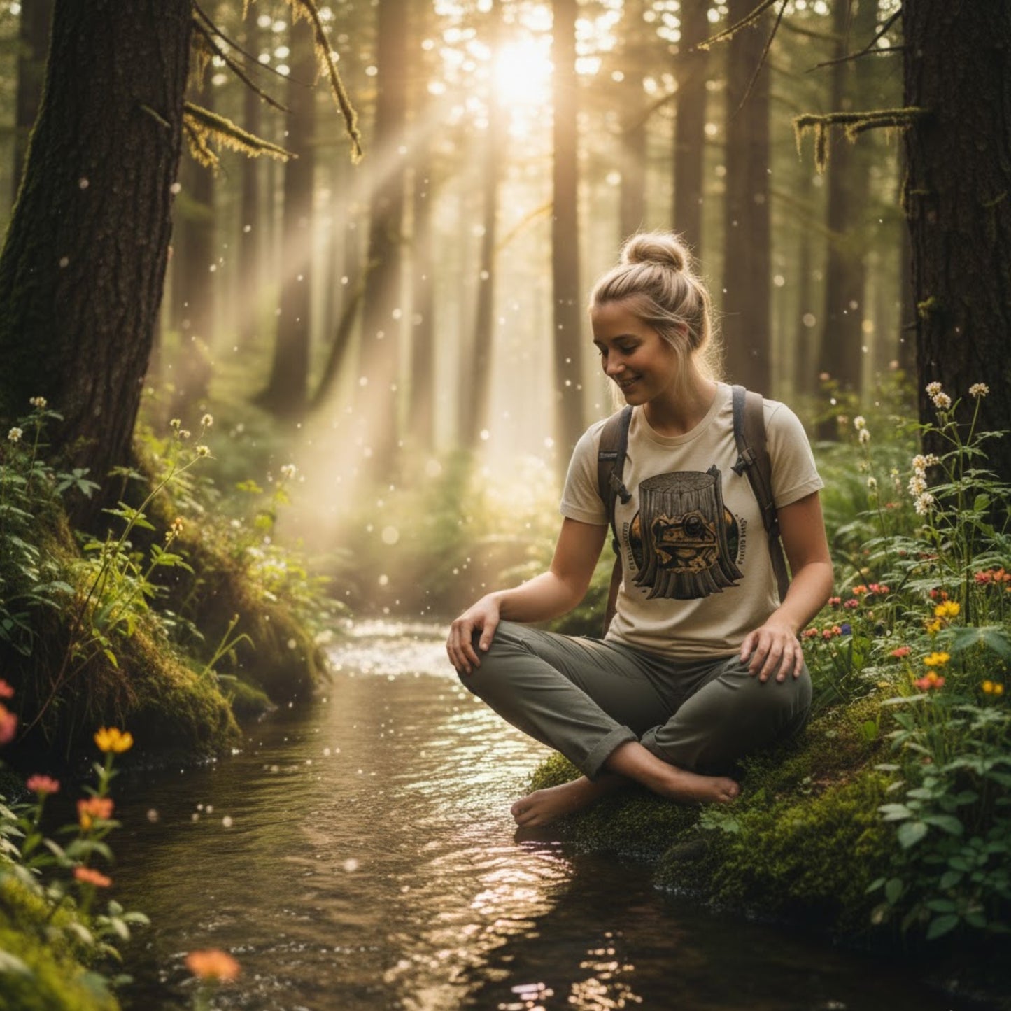 Woman sitting crisscross applesauce by a stream in a forest with sunlight filtering through the trees by Paddle Frogs Outdoor Gear