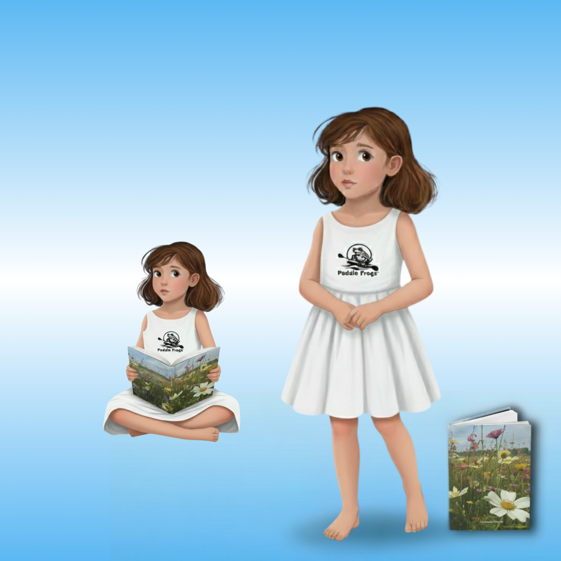 Wildflower Flower Journal – Paddle Frogs Skateboarding Hardcover Notebook for Kids adults artist & Writers Diary  - Young girl with her  Skybound Bloom | Wildflower Hardcover Journal Notebook | Illustration of a girl in a white dress holding a book with a blue background