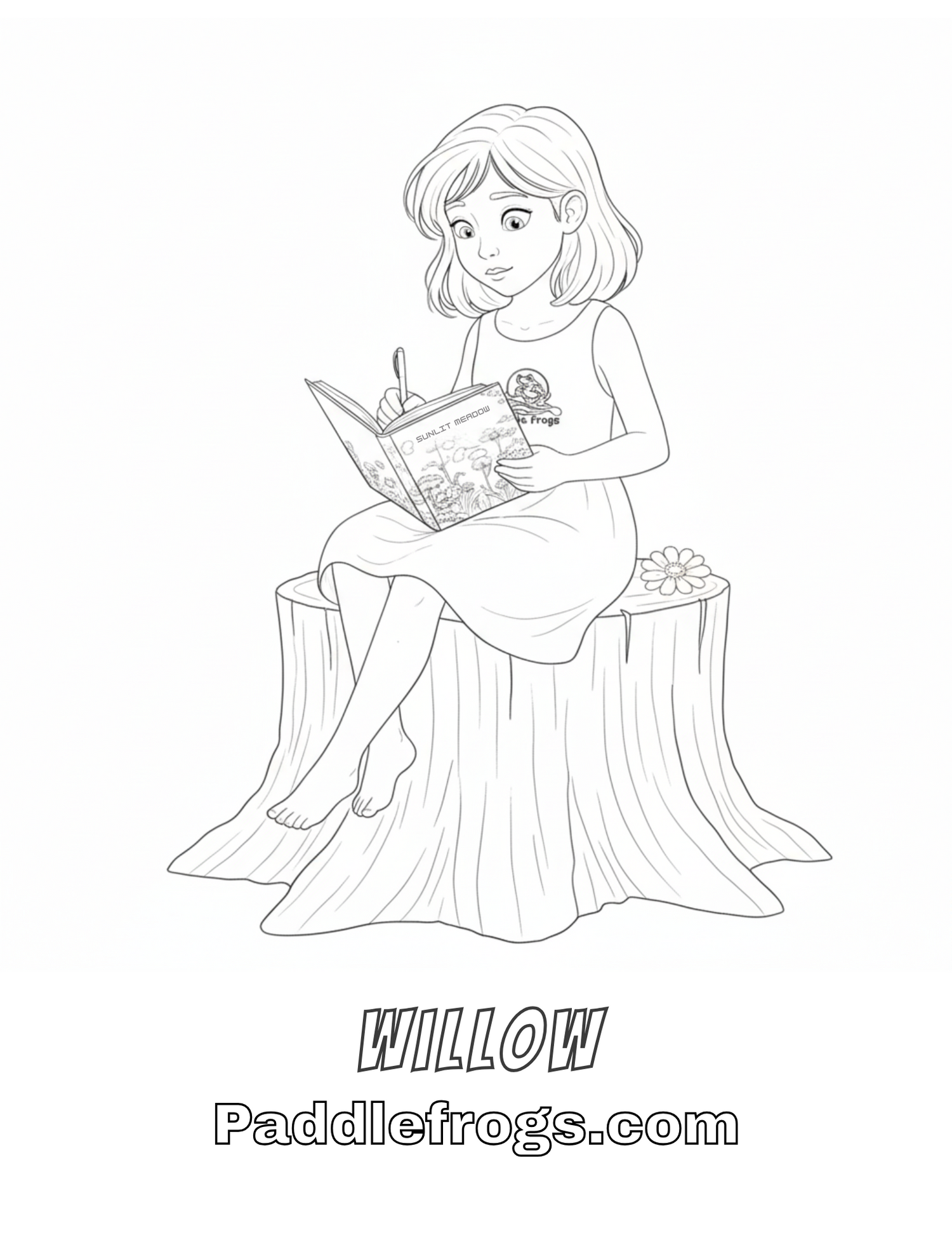 Willow writing in her journal. A kids coloring page by Paddle Frogs