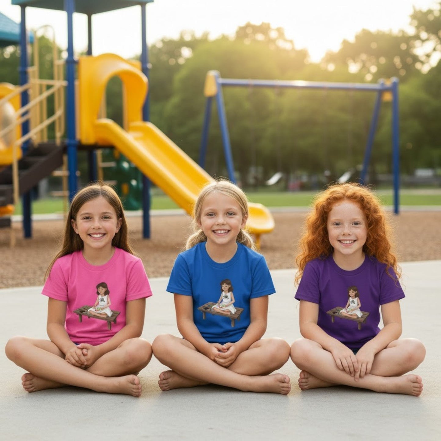 Willow Colors Bailey Tee | Paddle Frogs™ Kids 3 girls sitting crisscross applesauce in all three colors