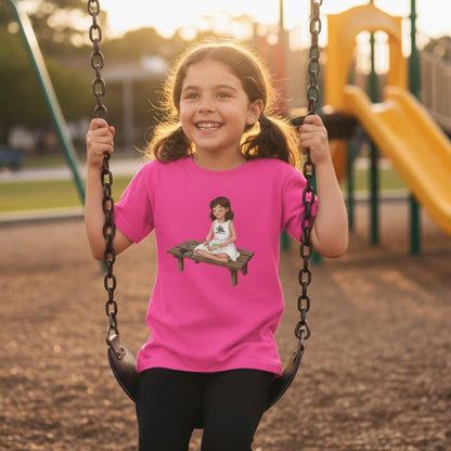 Willow Colors Bailey Tee | Paddle Frogs™ Kids Heliconia Pink Swinging at the playground Young girl on a swing set wearing a pink t-shirt with a graphic of another girl on a bench.