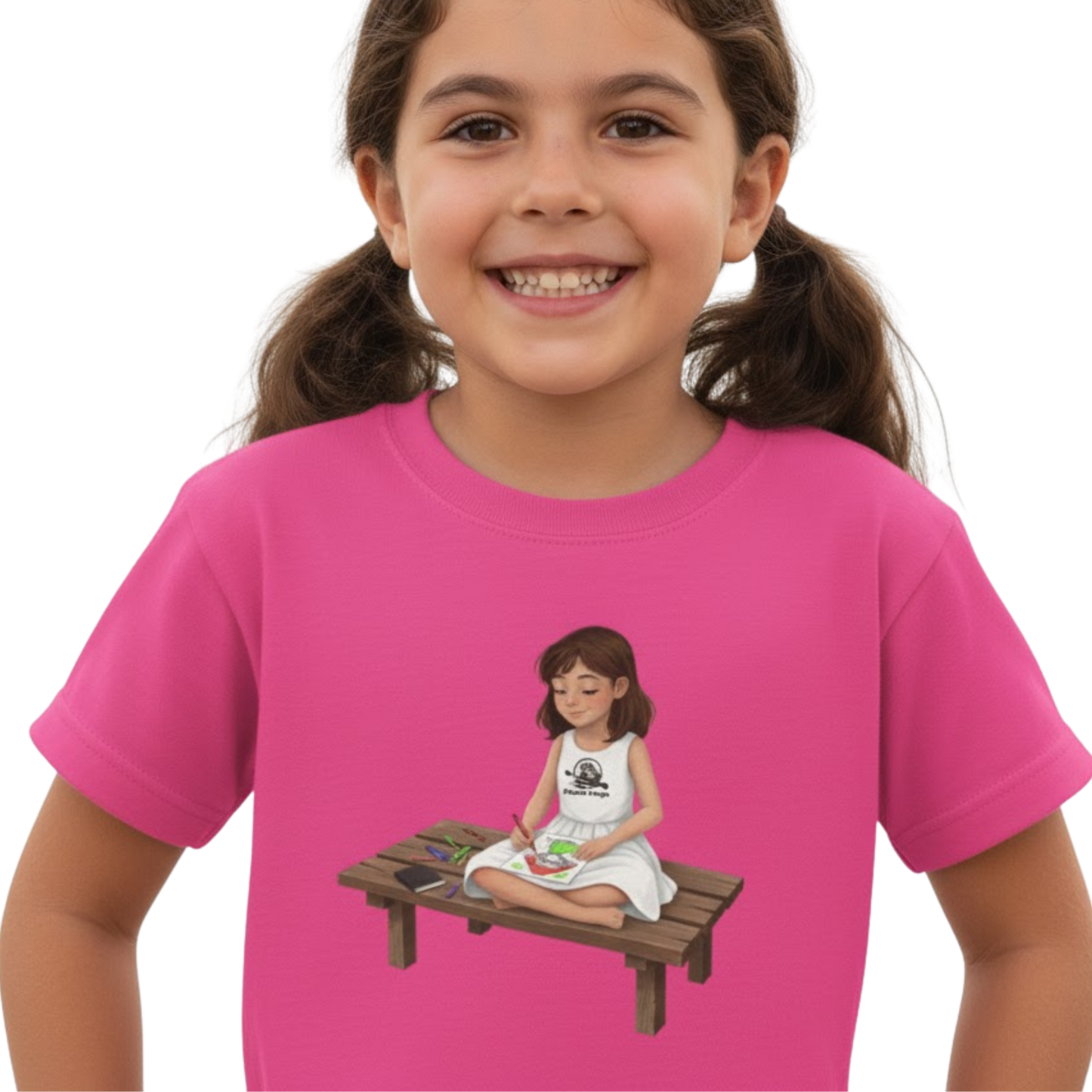 Willow Colors Bailey Tee | Paddle Frogs™ Kids Heliconia Pink modeled by Sarah on a transparent background