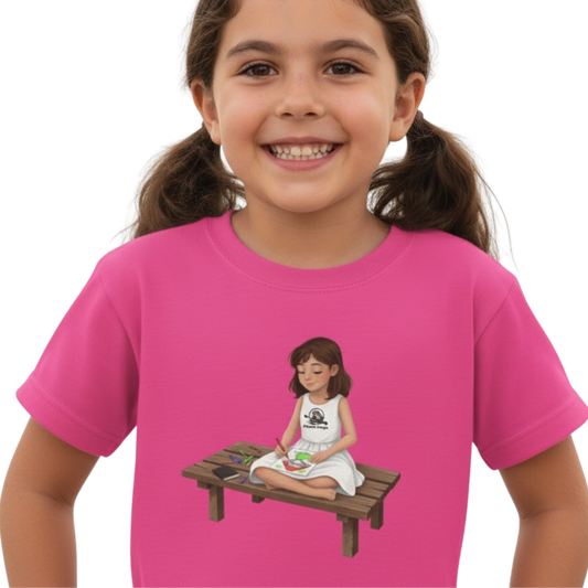 Willow Colors Bailey Tee | Paddle Frogs™ Kids Heliconia Pink modeled by Sarah on a transparent background