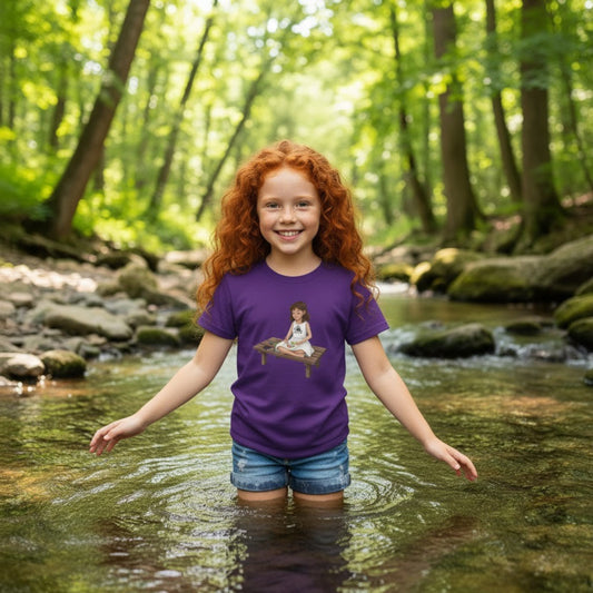 Young girl with red hair standing in a stream wearing Willow Colors Bailey Tee | Paddle Frogs™ Kids Purple playing in the creek