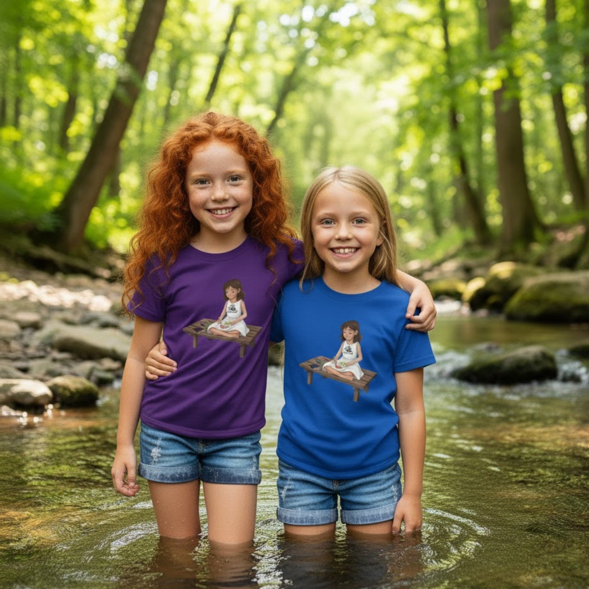 Two young girls standing in a stream wearing matching Paddle Frogs Kids t-shirts with a printed design of Willow coloring Bailey, surrounded by greenery.