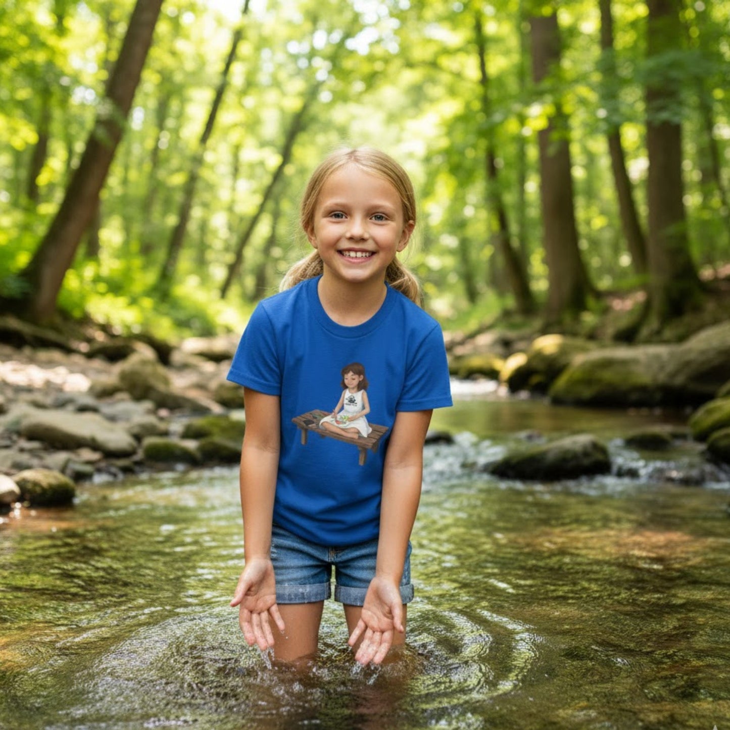 Willow Colors Bailey Tee | Paddle Frogs™ Kids Royal Blue playing in the creek