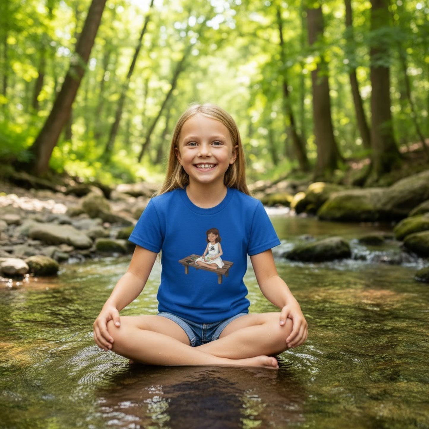Willow Colors Bailey Tee | Paddle Frogs™ Kids Royal Blue sitting crisscross applesauce at the creek