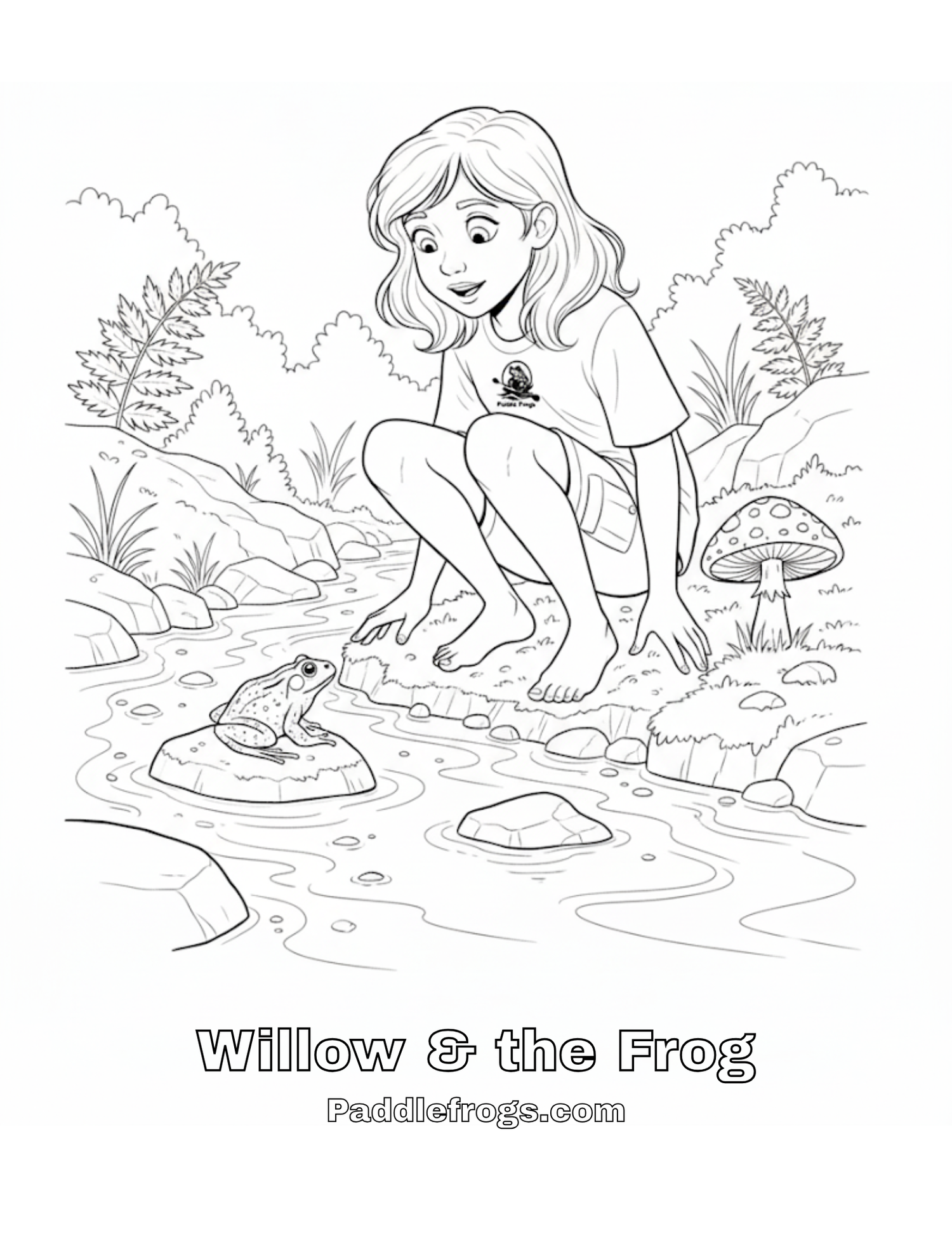 Willow at the creek with a frog. Kids coloring sheet by Paddle Frogs