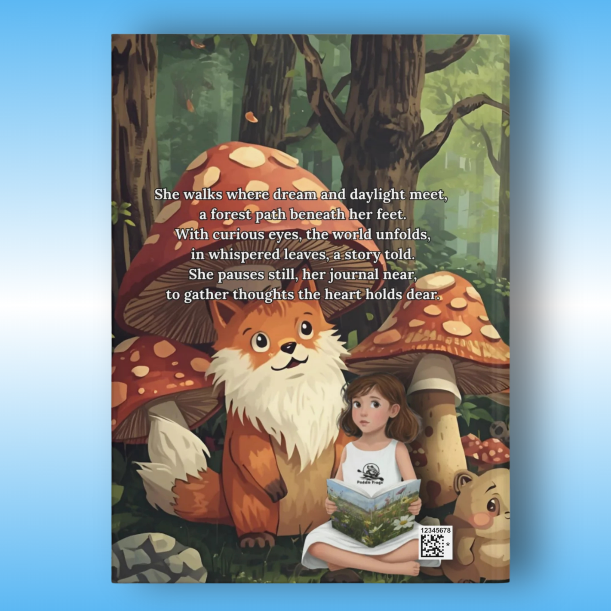 Willow’s Path of Willow's Path of Forests Dreams | Paddle Frogs Hard Cover Journal | follows a curious young girl as she wanders through an imaginary forest, Back cover | Book cover with fox and child illustration in a forest setting