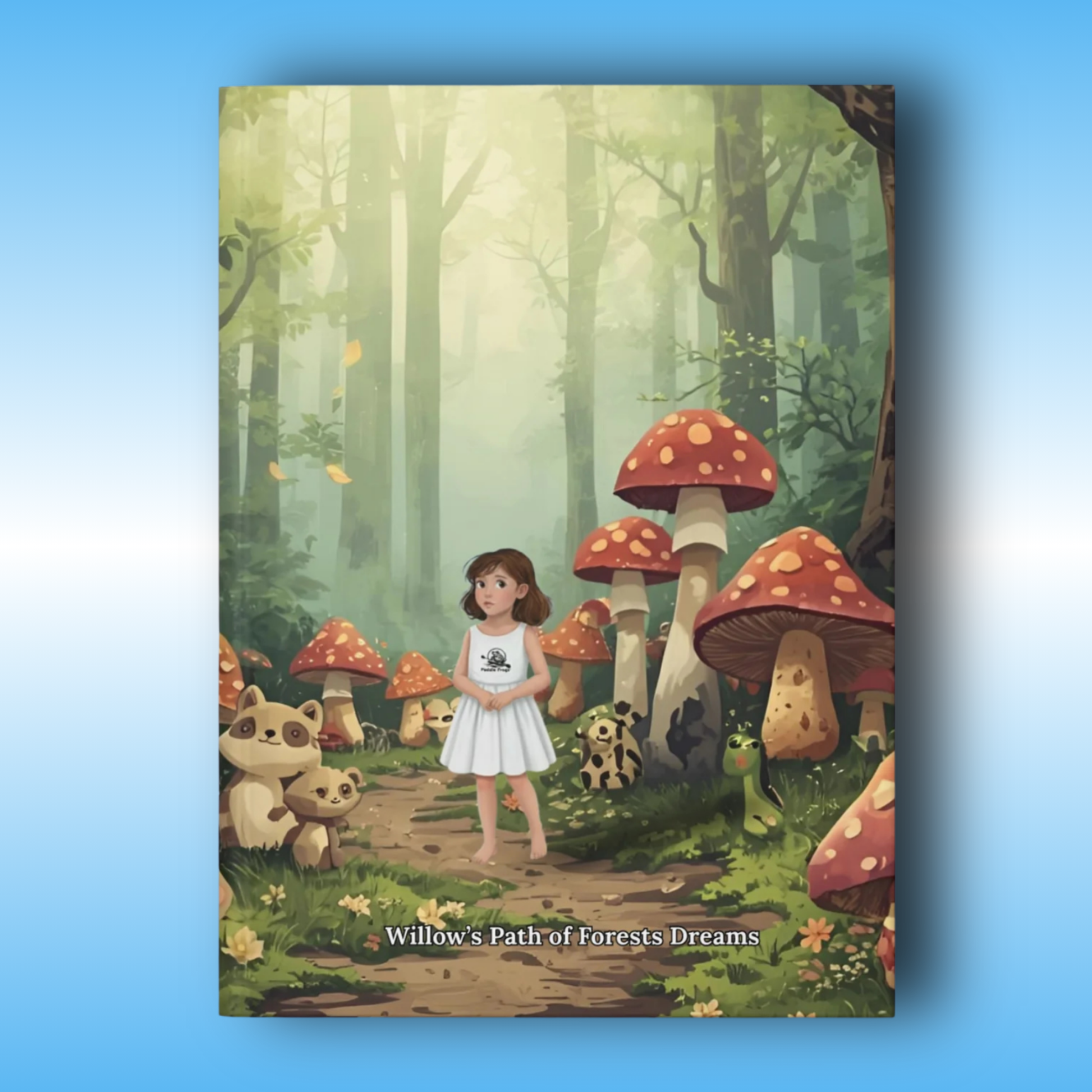 Willow’s Path of Willow's Path of Forests Dreams | Paddle Frogs Hard Cover Journal | follows a curious young girl as she wanders through an imaginary forest, Front cover | Book cover with illustration of a girl in a forest with mushrooms and a bear.