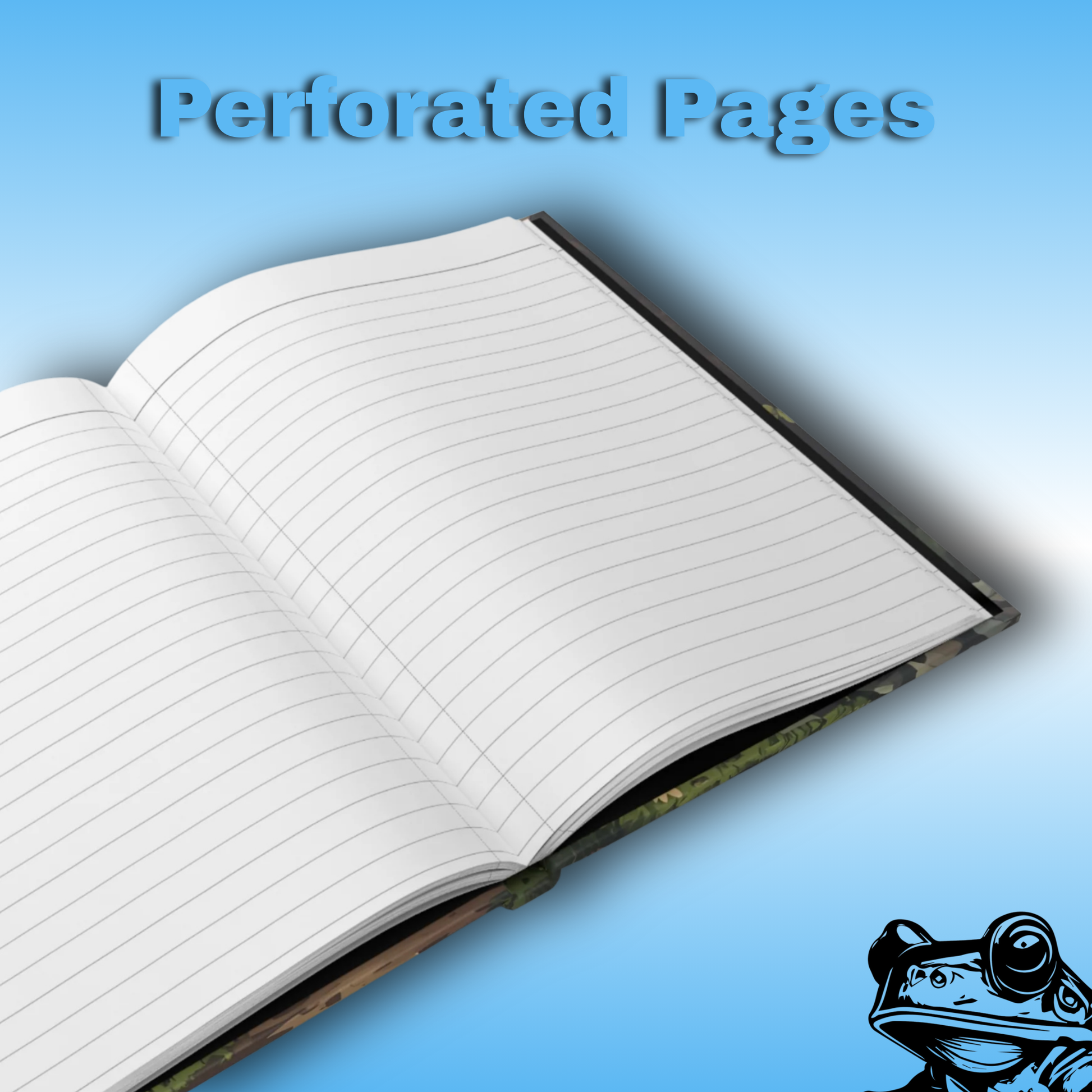 Willow’s Path of Willow's Path of Forests Dreams | Paddle Frogs Hard Cover Journal | follows a curious young girl as she wanders through an imaginary forest, Open Book Perforated Pages | Open notebook with perforated pages on a blue background