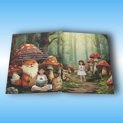 Willow's Path of Forests Dreams | Paddle Frogs Hard Cover Journal | follows a curious young girl as she wanders through an imaginary forest, Open to see full front and back cover and poem | Open book with illustrations of a fox, child, and forest scene on a blue background