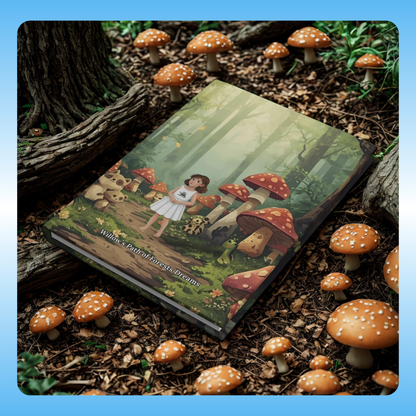 Willow’s Path of Willow's Path of Forests Dreams | Paddle Frogs Hard Cover Journal | follows a curious young girl as she wanders through an imaginary forest, perspective image of book cover