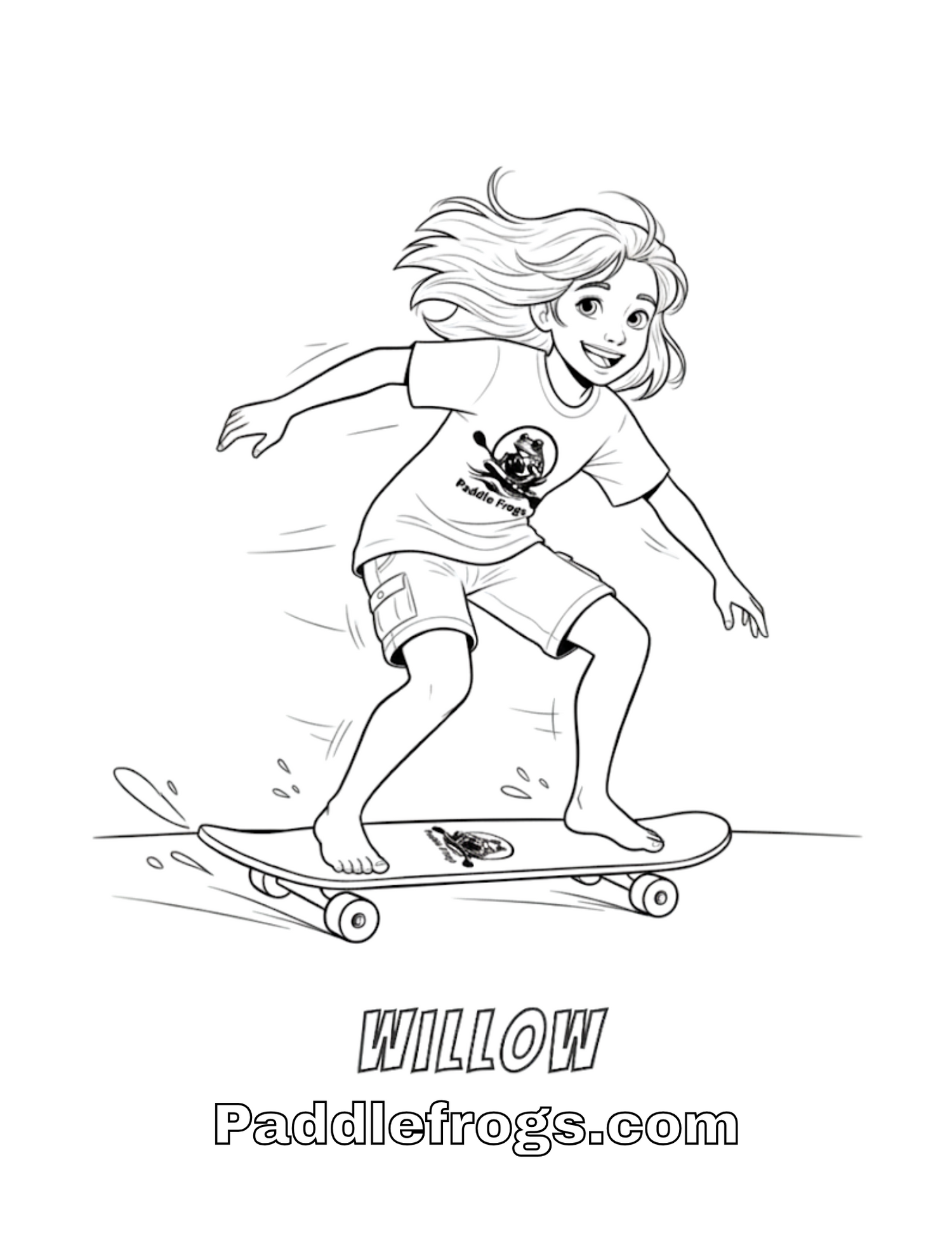 Willow riding a skateboard. Kids coloring sheet by Paddle Frogs