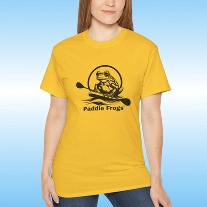 Woman wearing a yellow t-shirt with 'Paddle Frogs' logo on a blue background