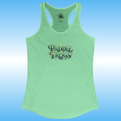A mint green racerback tank top featuring a 'Paddle Frogs' graphic on the chest, displayed against a blue gradient background.