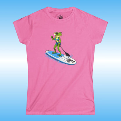 a Woman's bright pink stand up paddleboard tee. By Paddle Frogs