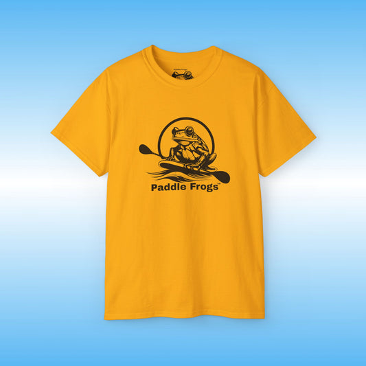 Yellow t-shirt with 'Paddle Frogs' logo on a blue background