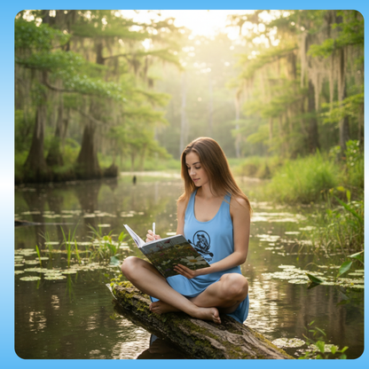 Young Lady writing in her Skybound Bloom Journal, wearing Paddle Frogs Blue Evening Dress | Woman sitting on a log in a serene forest setting, holding a book.