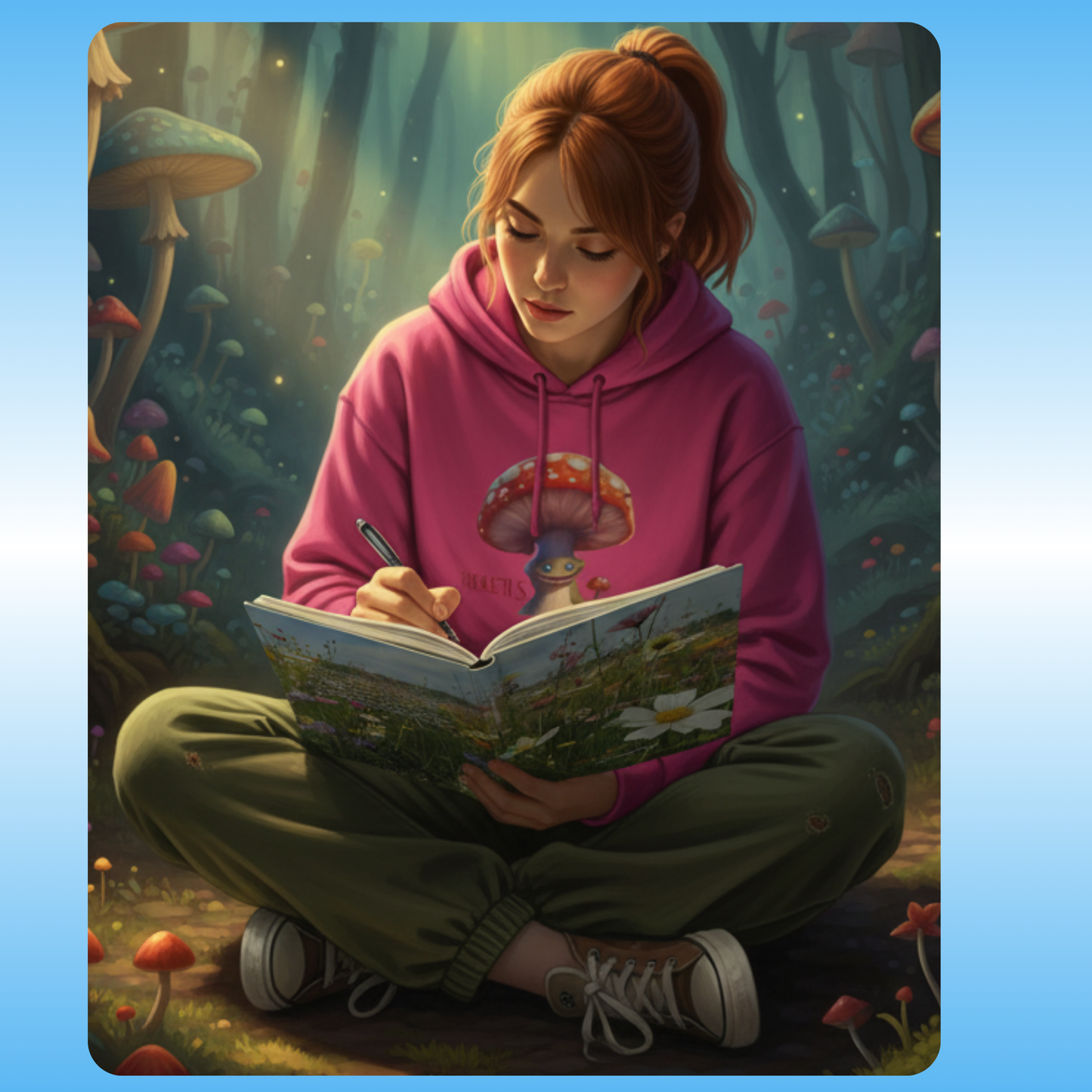 Young Lady writing in her Skybound Bloom Journal, wearing her Pink Lemonade Hoodie of Boletus from the Paddle Frogs Outdoor Gear crew. | Person in a pink hoodie with a mushroom design, sitting in a forest and writing in a notebook.