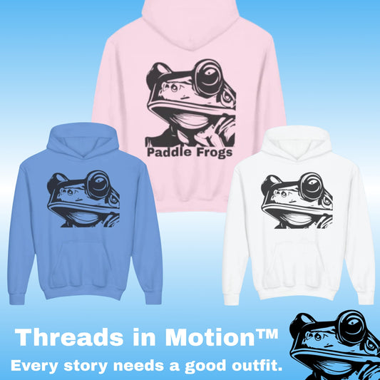 Youth Adventure Hoodie by Paddle Frogs Outdoor Gear 3 three colors Pink white blue Threads in Motion Every story needs a good outfit Three hoodies with frog graphics and 'Paddle Frogs' text on a blue background, featuring the brand Paddle Frogs Outdoor Gear  Youth collection 'Threads in Motion'.
