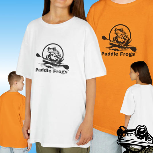 Youth Original Paddle Frog T-Shirt Now available in Tennessee Orange Sport Grey, White, Light Blue, and Light Pink Young People wearing t-shirts with 'Paddle Frogs' logo on a blue background