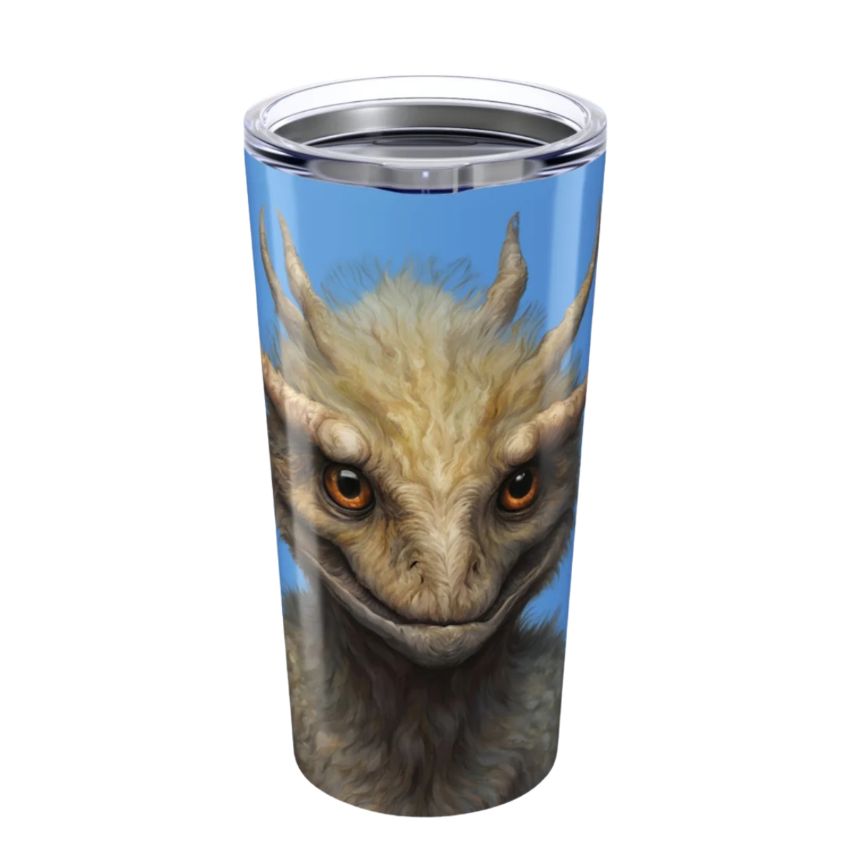 Zacharias | 20oz Tumbler with a friendly  fuzzy dragon creature design on a white background