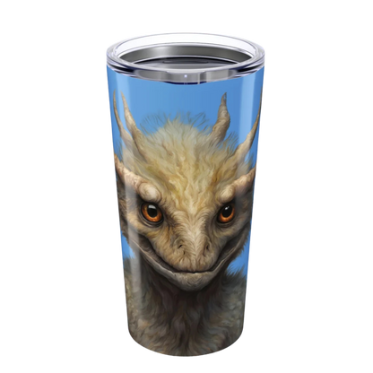Zacharias | 20oz Tumbler with a friendly  fuzzy dragon creature design on a white background