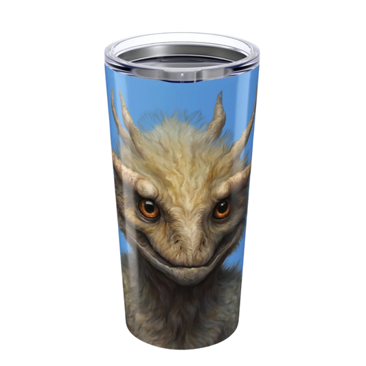 Zacharias | 20oz Tumbler with a friendly  fuzzy dragon creature design on a white background