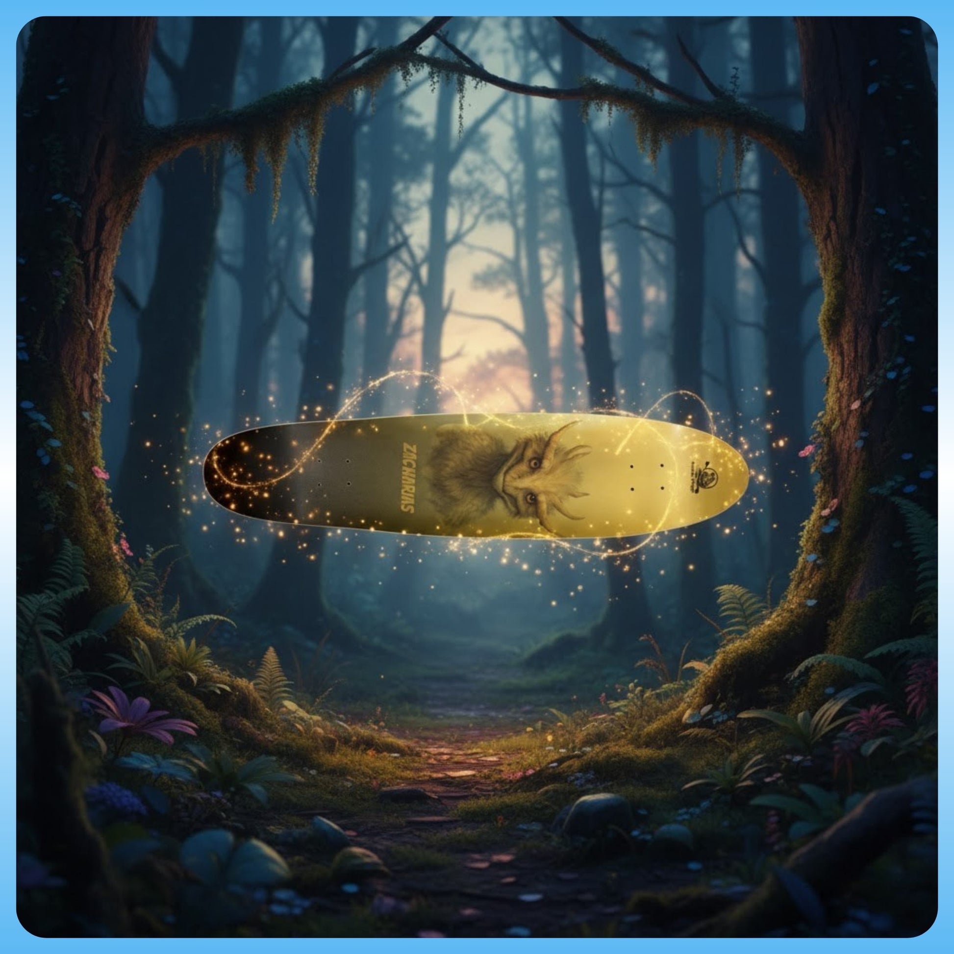 Zacharias | 40.5" Gold Longboard skateboard | Paddle Frogs™ in a mystical forest
