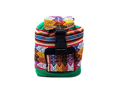 Colorful patterned bag with a black buckle on a white background