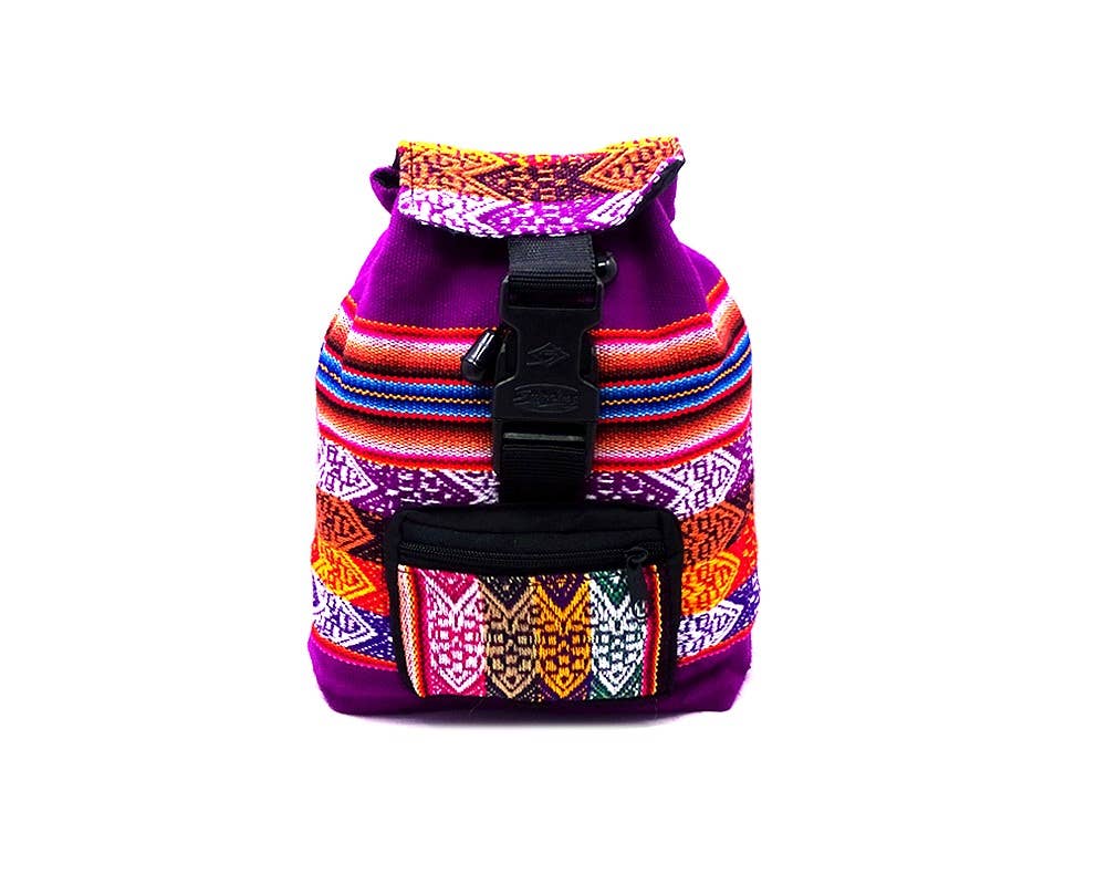 Colorful patterned backpack purse on a white background