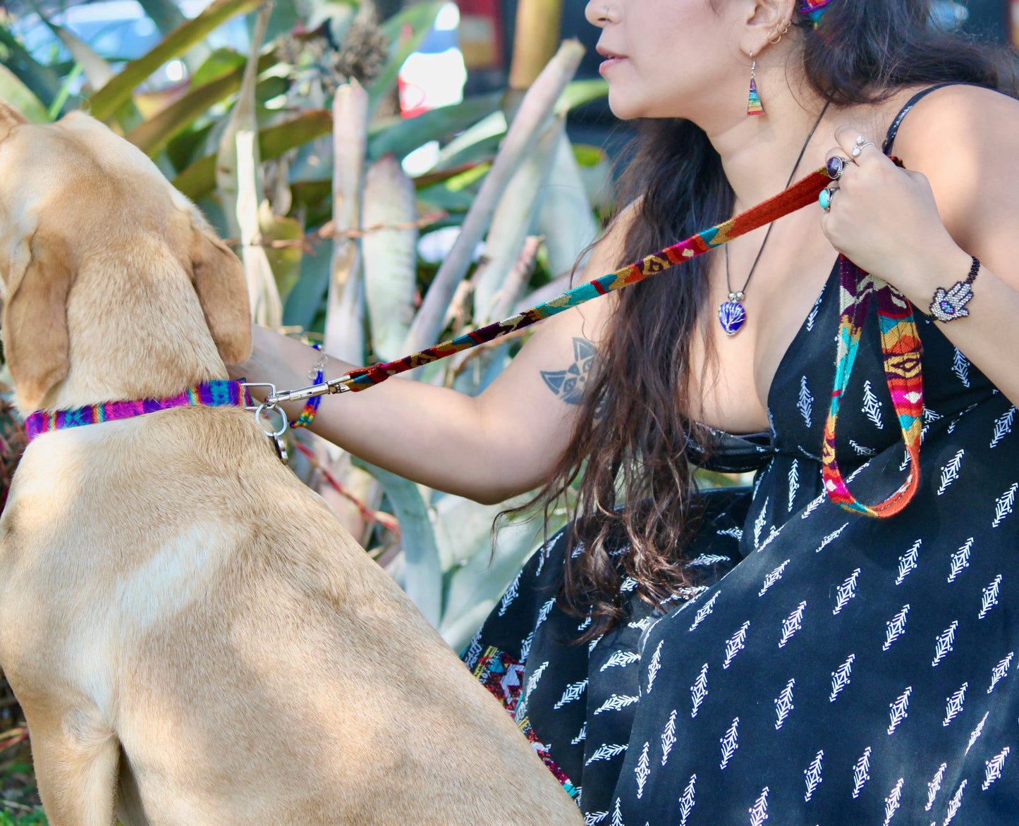 Woman walking a dog on a leash with a colorful pattern, surrounded by plants.