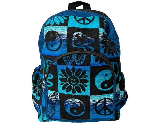 Backpack with blue and black symbol pattern on a white background