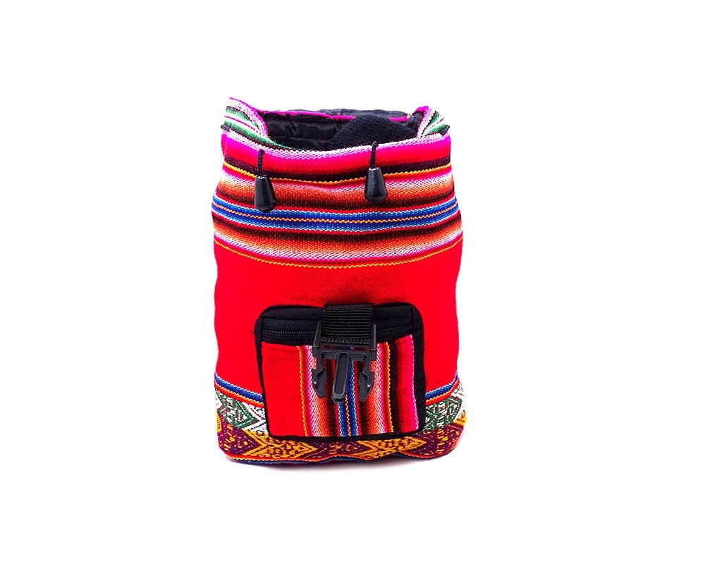 Colorful backpack purse with traditional pattern on a white background