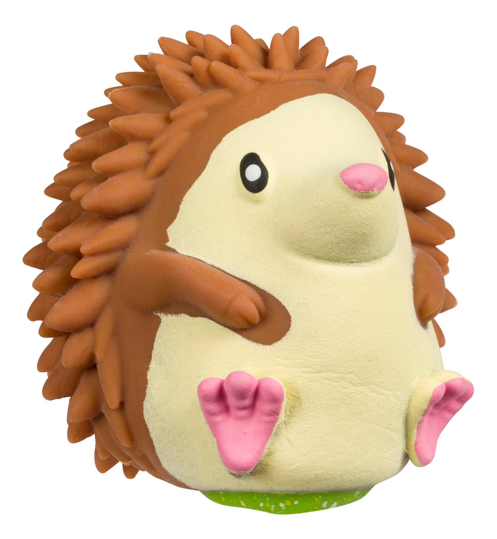 Plush toy hedgehog with brown spines, beige body, pink feet and mouth on a white background