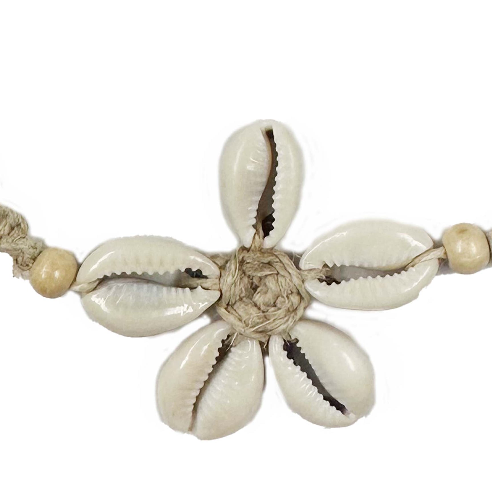 Hemp necklace with shell flower pendant on a white background