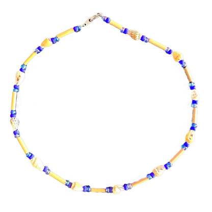 Girls 16-Inch Genuine White Clam Shell & Fimo Daisy Necklace (Blue)