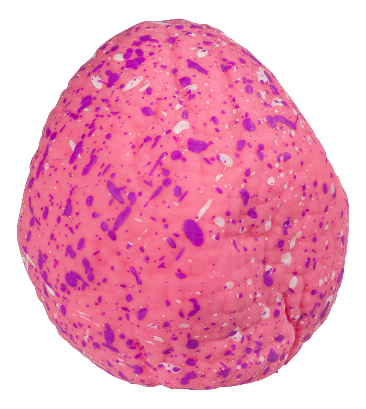 Pink egg-shaped object with purple and white speckles on a white background