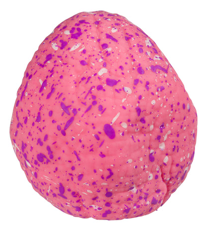 Pink egg-shaped object with purple and white speckles on a white background