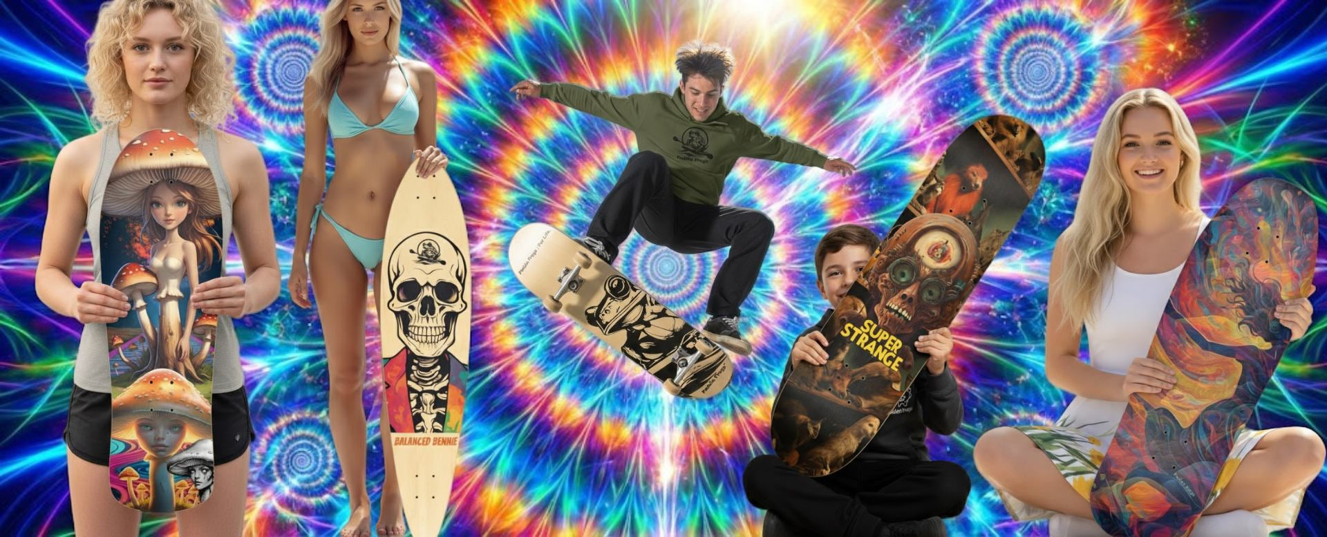 People holding skateboards with colorful designs on a tie-dye background decks by Paddle Frogs skate shop