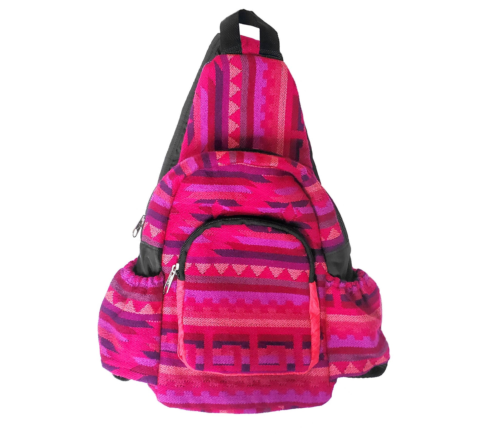Pink and purple patterned backpack on a white background
