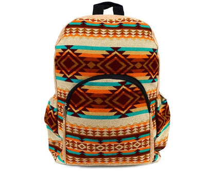 Backpack with a colorful geometric pattern on a white background