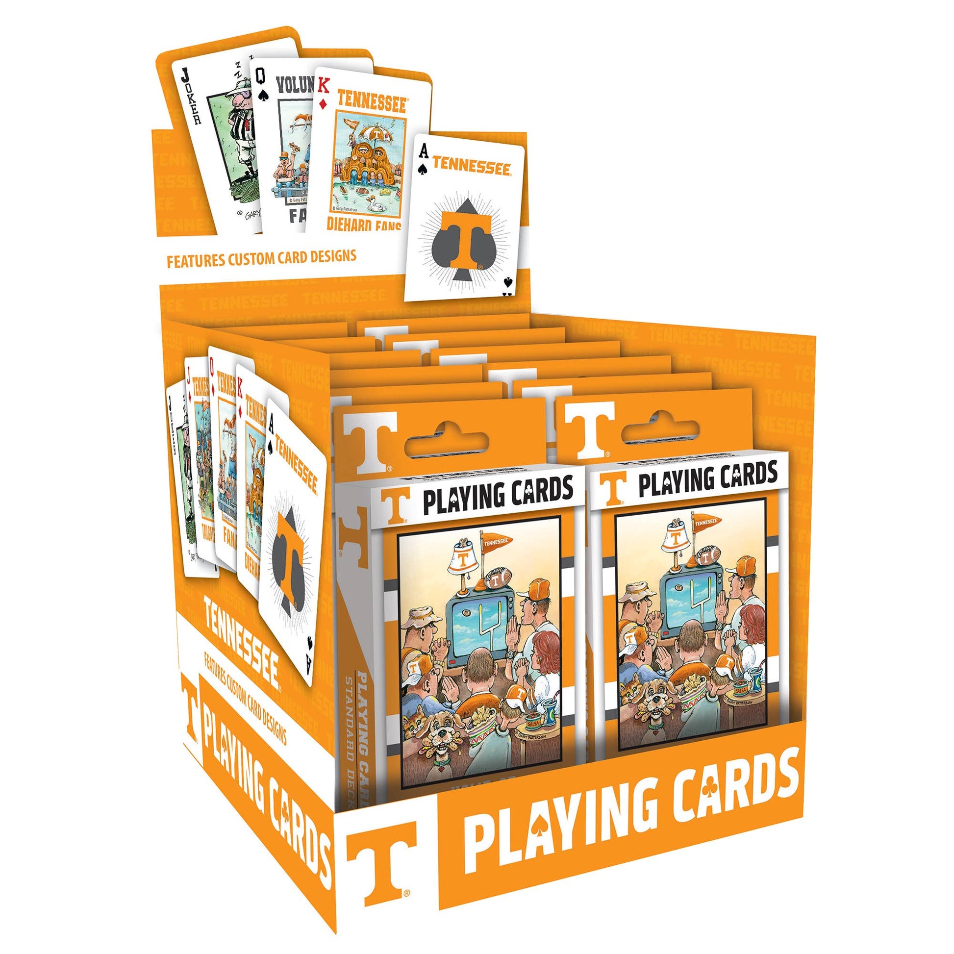 A retail display box of Tennessee-themed playing cards, featuring orange and white packaging with the word 'TENNESSEE' and illustrated card backs, shown on a plain white background.